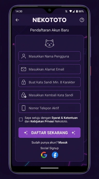 Tampilan halaman daftar nekototo
