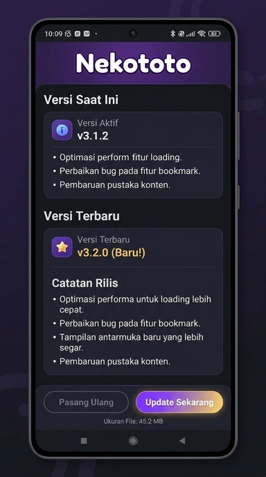 Tampilan riwayat versi nekototo